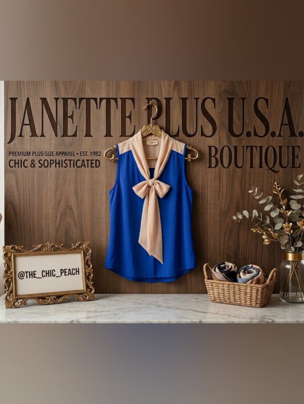 Janette Plus U.S.A. Royal Blue & Nude Neck-Tie Blouse Size M/L
